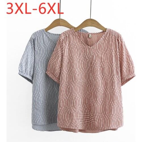 New 2021 Ladies Summer Plus Size Tops For Women Large Short Sleeve Loose Cotton Red Blue Plaid V-neck T-Shirt 3XL 4XL 5XL 6XL