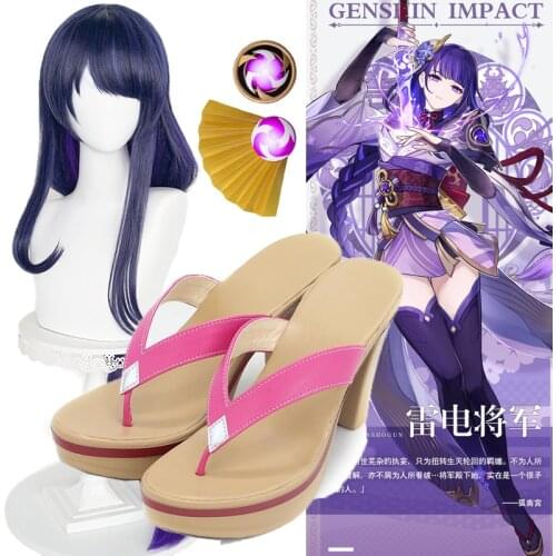 Raiden Shogun Cosplay shoes boot Wig Game Genshin Impact Cosplay Wig 100cm Women Headwear Ponytail Heat Resistant Synthetic Hair