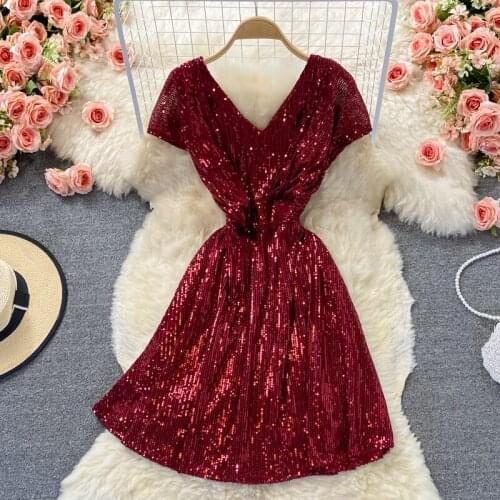 Sexy Womens Dress Summer Temperament V-neck Sequins Dresses Female High Waist Slim Mini A-line Vestidos Verano 2021