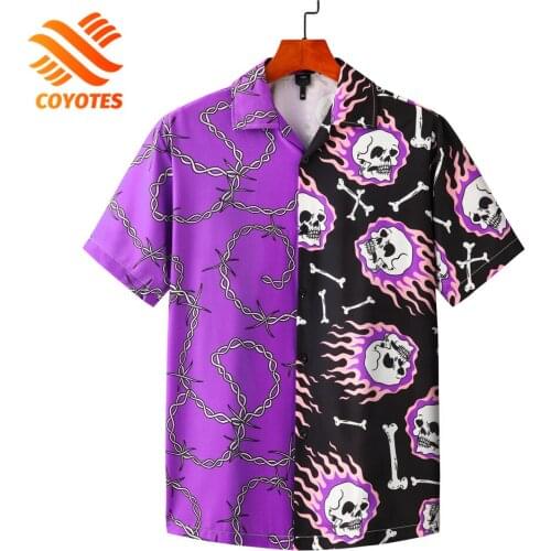 COYOTES Fire Skull Chain Print Casual Shirt Summer Men Short Sleeve Shirts Women Hawaiian Beach Blouse Hip Hop Streetwear