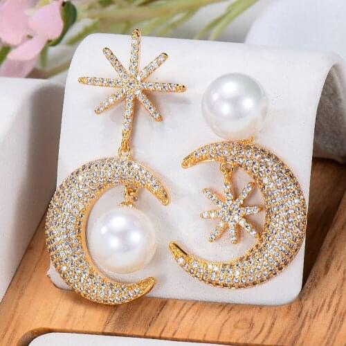 SORAMOORE Luxury Cute Moon Star Pearls Shiny Earrings for Women Fine Jewelry Full CZ Bridal Wedding Earrings Jewelry GIFT 2020