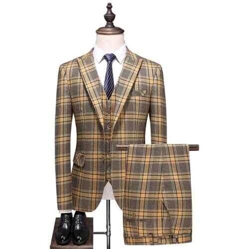Luxury Fashion Mens Check Suit Plaid Suits Slim Fit Mens Wedding Suit Groom Tuxedo 3-Piece Set Blazer+Pant+Vest