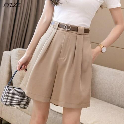FTLZZ New Casual Female High Waist Wide Leg Straight Shorts with Belt Spring Summer Women Loose Black Ladies Shorts
