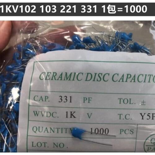 In-line high voltage ceramic chip capacitors 1KV102 1KV103 1KV221 1KV331 blue capacitor a pack of 1000pcs