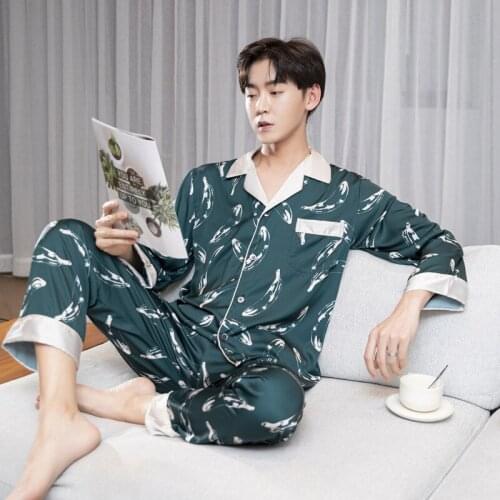 Green Men Satin 2PCS Print Pajama Sets Summer New Home Clothes Spring Autumn Long Sleeve Sleepwear Big Size L-3XL Nightwear