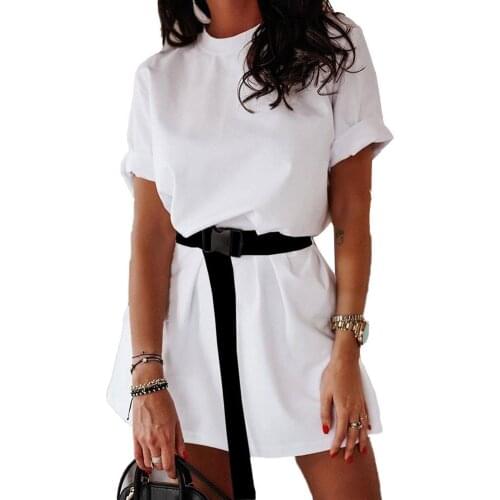 Women Solid Color O Neck Half Sleeve Belt Home Leisure T-shirt Mini Loose Dress