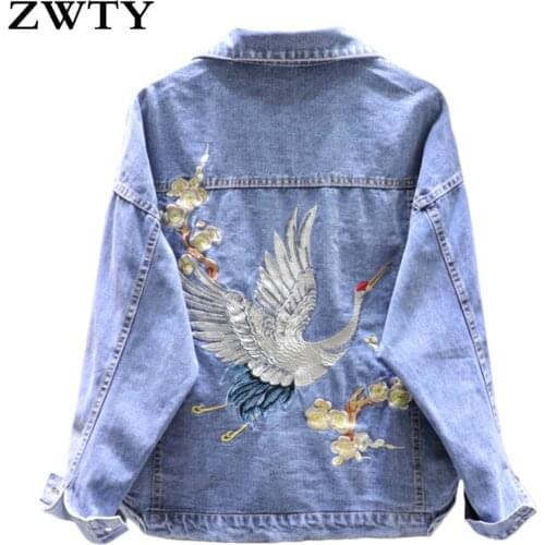 ZWTY Spring Autumn Womens Loose-Fit Denim Jacket Wind Heavy Embroidery Small Crane Fashionable Black Jacket Womens Coat
