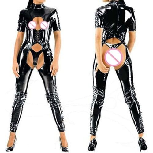 Women Bodysuit Faux Leather Wetlook Black Latex Catsuit Dance Costume Bodycon Intimate Sexy Jumpsuit Female Bodysuit Clubwear