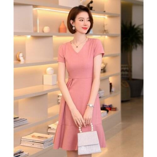Elegant Pink Summer Short Sleeve Dresses for Women OL Styles Work Wear Dress Slim Hips Mini Dress Beauty Salon Vestidos