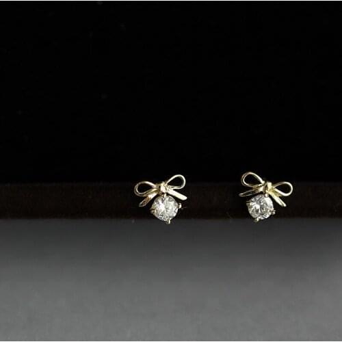 925 Sterling Silver Plated 14K Gold Korean Zircon Shiny Bow Elegant Fashion Wedding Ear Stud Earrings Jewelry for Women Gift New