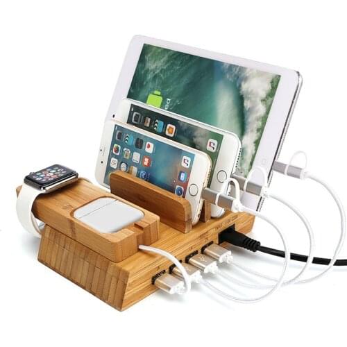 Multi-port Bamboo Charging Stand 4-port Mobile Phone Tablet USB Charging Station for IWatch Wooden Charger Base