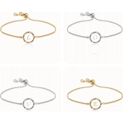 Rainbow Zircon 26 Letter Copper Bracelet Adjustable Colorful CZ Initial Name Wristlet Snake Chain Women Jewelry Valentines Gift