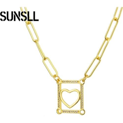 SUNSLL Gold ColoPaper Clip Chain Love Heart Square Zircon Necklaces for Women Girls Simple Fashion Delicate Jewelry Party Gifts