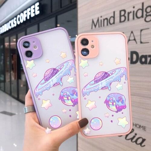 Cute Space Planet Stars Phone Case for IPhone 11 12 Pro X XR XS Max 8 7 Plus SE 2020 Colorful Clear Shockproof Bumper Hard Cover