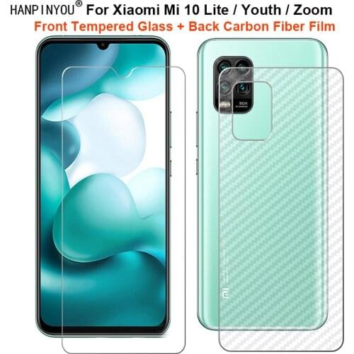 For Xiaomi Mi 10 Lite / Youth / Zoom 5G 1 Set = Soft Back Carbon Fiber Film + Ultra Thin Tempered Glass Front Screen Protector