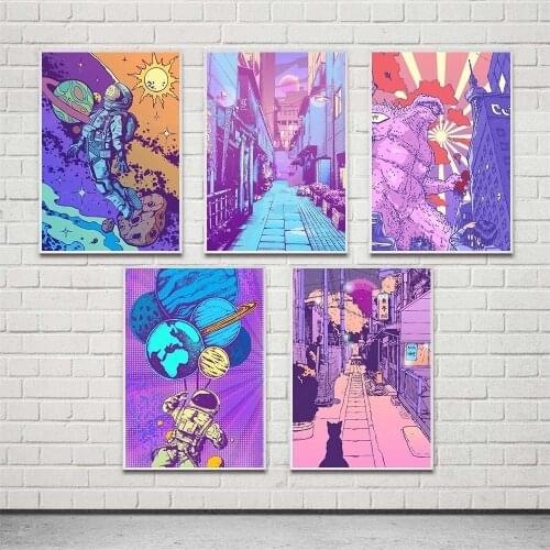 Purple City Build Street Dinosaur Poster Canvas Painting Printed Home Decoration Pictures Wall Art for Living Room Artwork