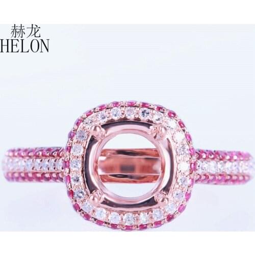 HELON 6.5mm Round Solid 10K Rose Gold 0.7ct 100% Genuine Natural Diamonds Rubies Semi Mount Jewelry Engagement Wedding Ring