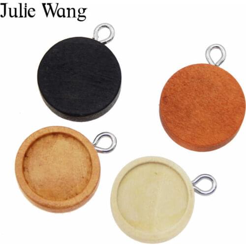 Julie Wang 8PCS Wood Round Cabochon Base Settings Charms Blank Tray Pendant Bracelet Jewelry Making Accessory Inner Size 12mm