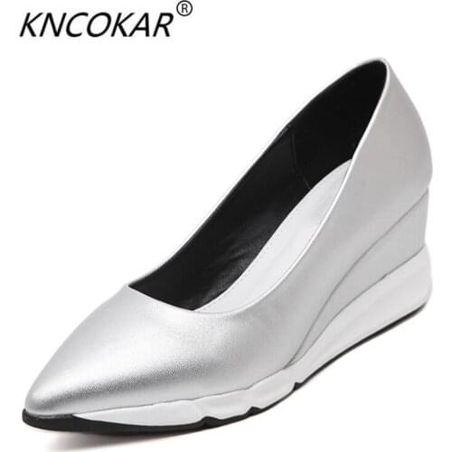 KNCOKAR Spring And Summer New Style Pointed Thick Platform Womens Shoes Shallow Top Slope Heel Leisure Womens Shoes