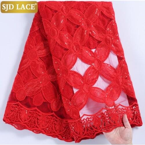 SJD LACE Red African Lace Fabric Embroidery French Mesh Lace Fabric With Sequined Milk Silk Laces For Wedding Festivals SewA2228