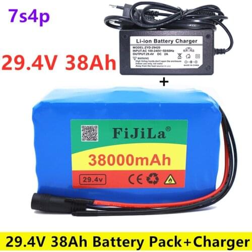 24V 38000mAh 7S4P high power 38AH 18650 Lithium Battery pack with BMS 29.4V Electric bicycle electric car + 2A Charger