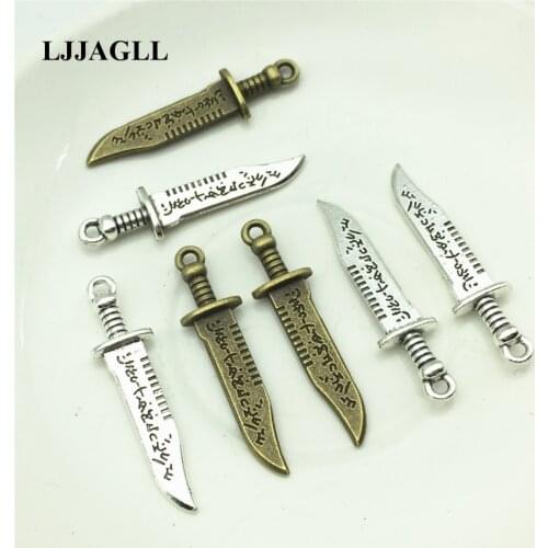 LJJAGLL 10pcs 11*44mm Small Fine Knife Charms Pendants Vintage Alloy Silver Rune Weapon Sword Charm Diy Jewelry Findings ASH003