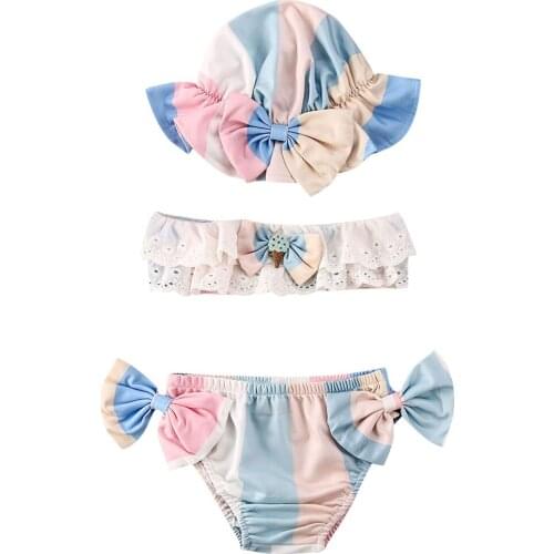 Cute Baby Girls Kids Bikini Sets Bowknot Floral 3Pcs 2020 Summer Baby Girl Lace Bra+Shorts+Swiming Cap Bathing Suit Tankini 0-2Y