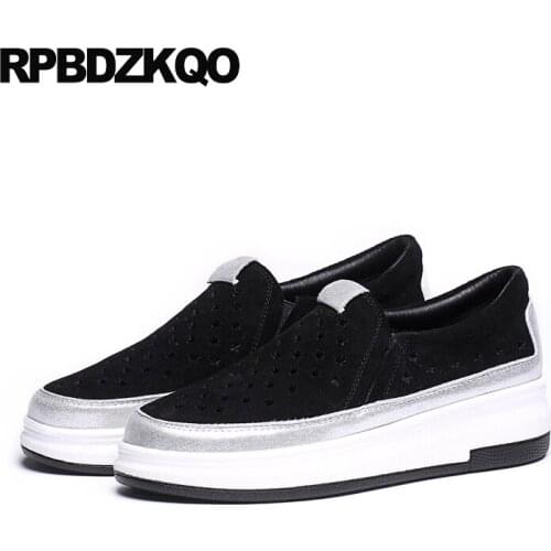 Black Ladies Cool Casual Pumps Wedge Korean Slip On High Heels Suede Creepers Big Size 4 34 Green Platform Shoes Round Toe