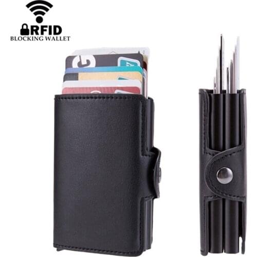 RFID Protection Men Credit Card Holder Double Aluminium Box Metal Case Crazy Horse Leather Anti Theft ID Travel Wallet For Women