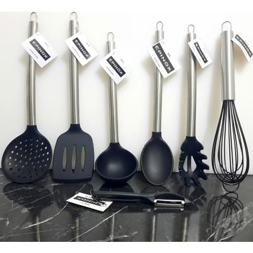 Krommet Epinox the pole Silicone Kitchenware Set-Colander, Spatula, Scoop, Spoon, Spaghetti Spoon, Whisk, side To rob