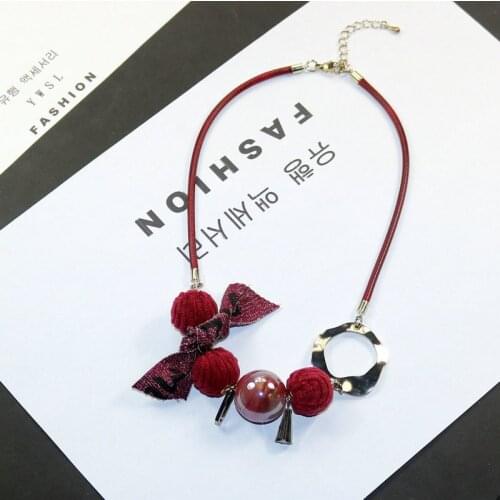 New Woman Necklaces Ribbon Bowknot Handmade Pompon Beads Pendant Short Rope Chain Sweater Necklace Fashion Accessories