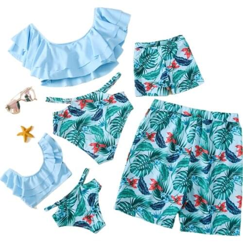 New Summer Family Look Swimwear Family Swimsuits Boys And Men Beach Shorts Mom Daughter Clothes Leaf Print Beachwear Swimsuit