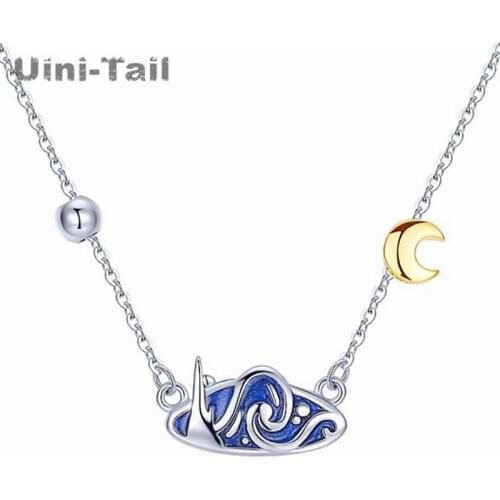 Uini-Tail Hot Sale New 925 Sterling Silver Van Gogh Star Necklace Personality Fashion Trend Sweet Golden Moon Necklace ED677