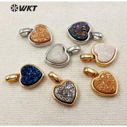 WKT WT-P1299 24K Metal Silver Plated Heart Shape Exquisite Necklace Pendant Colorful Natural Druzy Female Jewelry