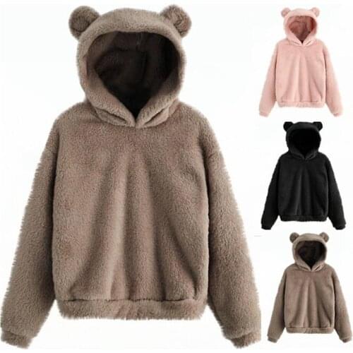 Fluffy Hoodies Women Kawaii Sweatshirt Cute Bear Ear Cap Autumn Winter Warm Pullover Long Sleeve Outwear Fleece Coat Moletom New