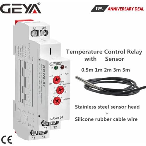 GEYA Din Rail Type Heating Cooling Temerature Control Relay with Sensor AC/DC24V-240V 16A Electronic Relays with Sensor