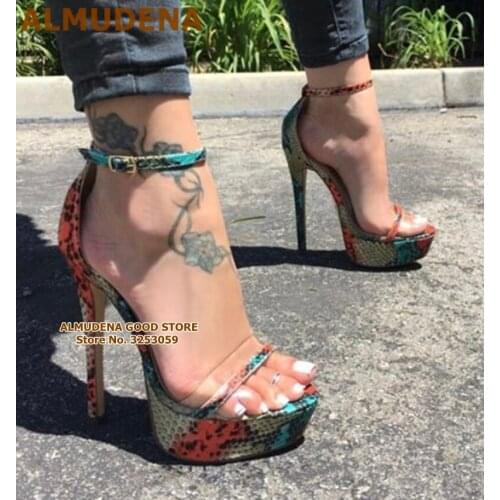 ALMUDENA Multi-Snakeskin Platform Clear PVC Gladiator Sandals Stiletto Heels Ankle Buckle Strap Shoes Thin Heels Python Pumps