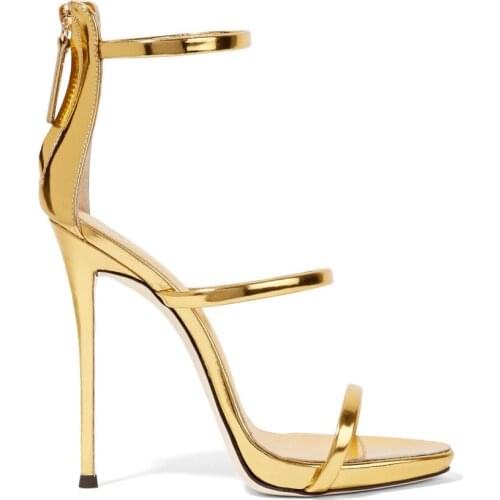 New fashion gold metallic leather ankle strap high heel sandal summer open toe cutouts sandal woman thin heels gladiator sandal