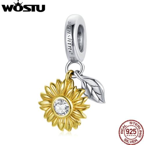 WOSTU 925 Sterling Silver Charm Shining Sunflower Bead Leaf Pendant Fit Original Bracelet Necklace For Women Jewelry CTC462