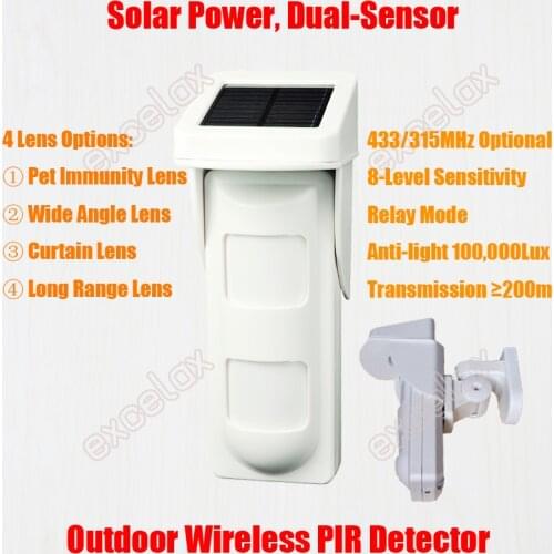 Solar Power Dual Sensor Outdoor Wireless Motion PIR Detector Pet Immune Curtain Wide Angle Lens Infrared Waterproof 2 Sensor