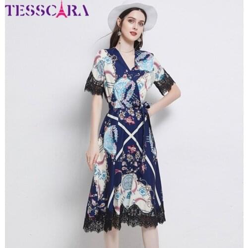 TESSCARA Women Summer Elegant V-Neck Dress Festa Female High Quality Long Vintage Party Robe Femme Lace Designer Casual Vestidos