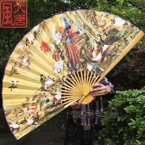 Tradition Black Auspicious Pattern Birds Paying Homage Phoenix Decorative Hang Wall Fan, Chinese Large Decoration Fan