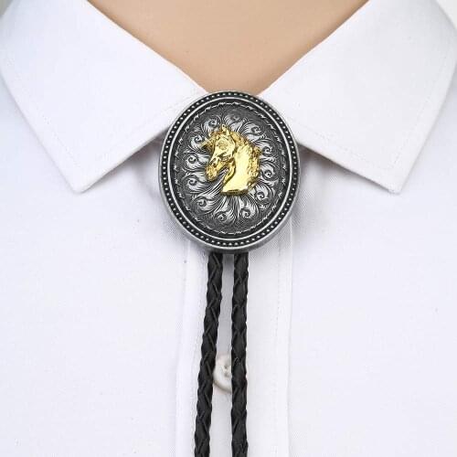Vintage round gold horse head bolo tie for man Indian cowboy western cowgirl leather rope zinc alloy necktie