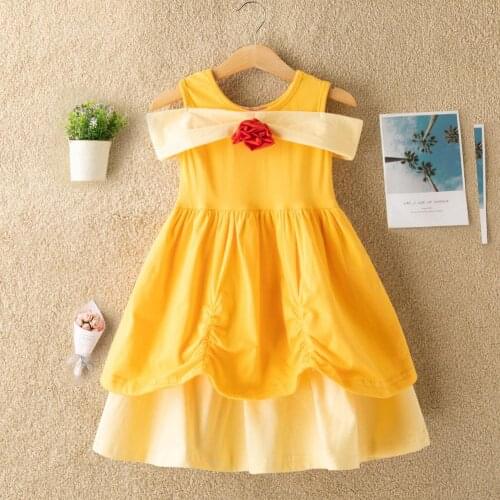Explosion models yellow girls dress female childrens wear summer vest fight color princess dress