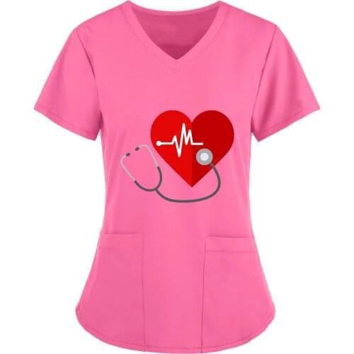 40# Women T-shirts Harajuku Short Sleeve V-neck Tops Working Uniform Heart Printing Pocket Casual T-shirts Kasacks Tops Футболка