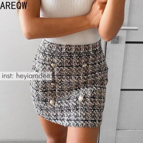 Autumn Winter Mini Tweed Skirt Women Sexy Plaid Skirts Ladies Fashion Korean High Waist Double Breasted skirt