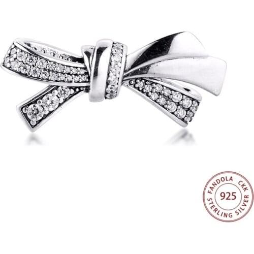 Fits Pandora Bracelet Charms 925 Sterling Silver Brilliant Bow Beads Clear CZ Women DIY Jewelry Making Gift Kralen Wholesale