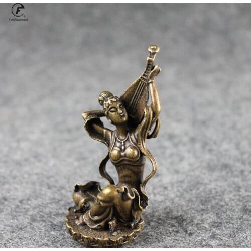 Antique Copper Chinese Dunhuang Mogao Grottoes Figure Lute Statue Vintage Brass Buddha Figurines Desktop Decorations Ornaments