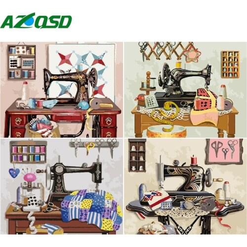 AZQSD DIY Paint By Numbers Sewing Machine Drawing On Canvas Unframe Pictures By Numbers Landscape Unique Gift