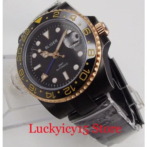 BLIGER Automatic Men Watch Sapphire Glass GMT Hand PVD Plated Black Wristwatch Jubilee Band Rotating Bezel